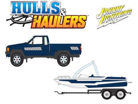 (Preorder) Johnny Lightning 1:64 Hulls & Haulers 1985 Toyota SR5 Pickup w Malibu Speed Boat Trailer – Blue Sale