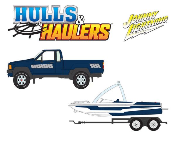 (Preorder) Johnny Lightning 1:64 Hulls & Haulers 1985 Toyota SR5 Pickup w Malibu Speed Boat Trailer – Blue Sale