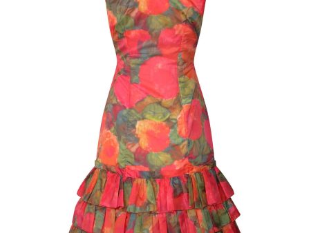 1960s Ruffle Tiered Orange and Pink Watercolour Floral Print Dress Sale