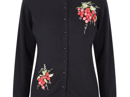 1980s Black Wool Cardigan with Raised Satin Stitch Grape Applique Online