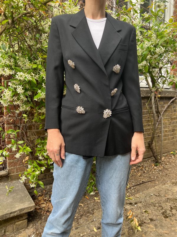 1990s Gianni Versace for Genny Black Jacket with Oversized Crystal Buttons For Cheap