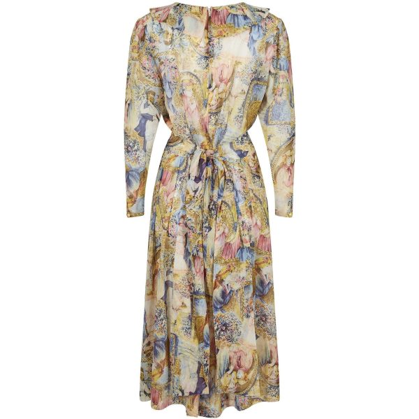 1970s Novelty Printed Chiffon Pastel Shade Dress With Sash Belt For Cheap