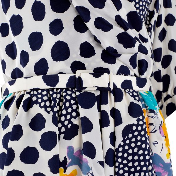 1980s Navy and White Polka Dot and Floral Dress For Discount