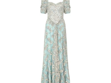 1990s Bespoke Embellished Lace and Crystal Turquoise Dress on Sale