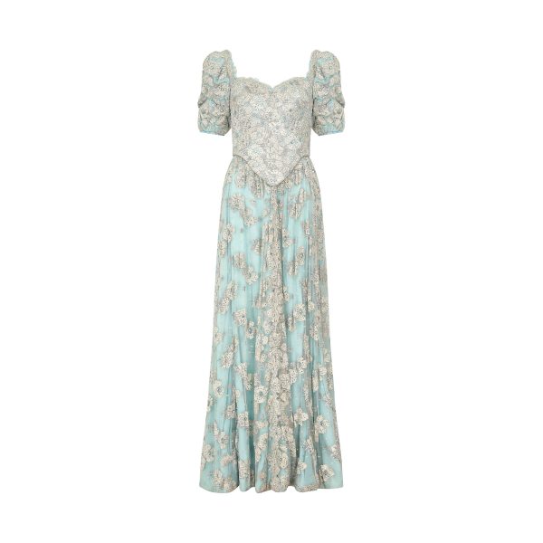 1990s Bespoke Embellished Lace and Crystal Turquoise Dress on Sale