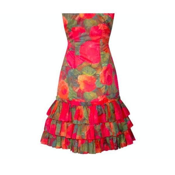 1960s Ruffle Tiered Orange and Pink Watercolour Floral Print Dress Sale