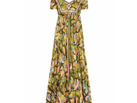 1970s Hardy Amies Pleated Abstract Print Silk Maxi Dress With Ribbon Detail Online now