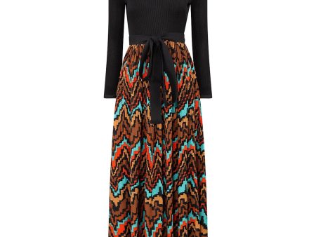 1970s Frank Usher Ribbed Jersey Maxi Dress With Aztec Print Skirt and Belt Tie Sale