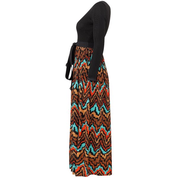 1970s Frank Usher Ribbed Jersey Maxi Dress With Aztec Print Skirt and Belt Tie Sale