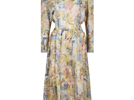 1970s Novelty Printed Chiffon Pastel Shade Dress With Sash Belt For Cheap