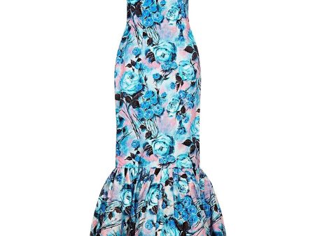 1950s Strapless Blue Floral Pattern Evening Dress With Fishtail Hem For Sale