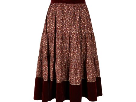 1970s Marion Donaldson Liberty Print Red Floral Cotton & Velvet Skirt Online Sale