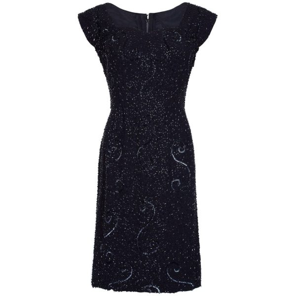 Black Crepe Vintage 1960s Cocktail Dress With Bead Embellishment and Cap Sleeve Online Hot Sale