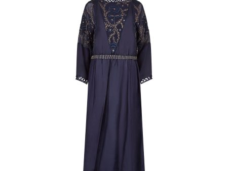 1910s Midnight Blue Silk Dress with Embroidered Chiffon Inserts Discount