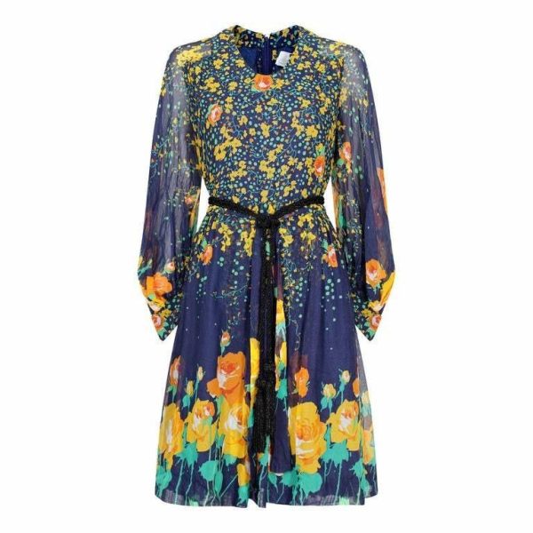 1970s French Couture Navy Rose Print Dress Online now