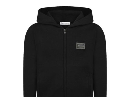 Dolce and Gabbana Black Plaque Zip Hoodie For Discount