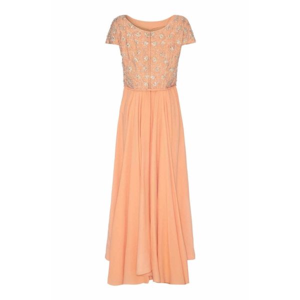 1960’s Peach Crepe Full Length Couture Dress with Beaded Bodice Cheap