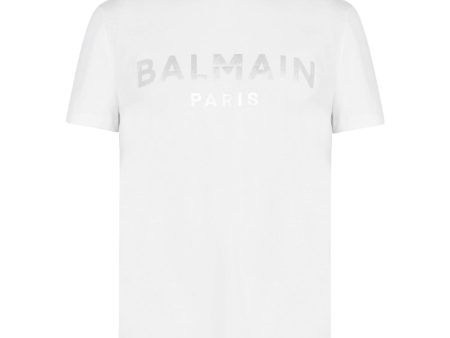 Balmain White Foil Logo T-Shirt For Sale