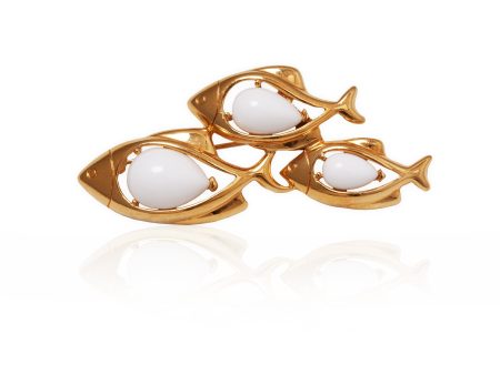 1970s Novelty Trifari Gold and White Trio of Fish Brooch Fashion