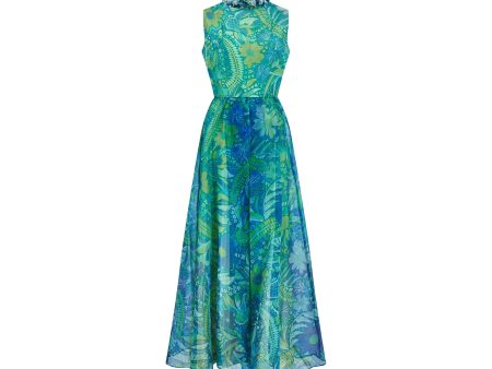 1960s Polmarks Green and Blue Sequinned Georgette Floral Jumpsuit Online Sale