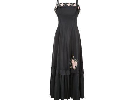 1950s Blanes Black Taffeta Rose Applique Dress For Discount