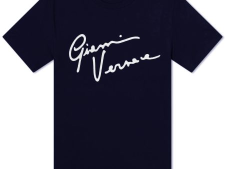 Versace Navy Embroidered Signature Logo T-Shirt Online Hot Sale