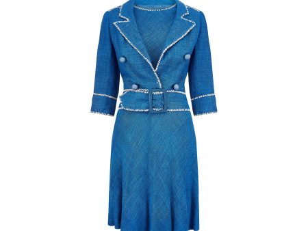 1950s Jacques Esterel Haute Couture Blue Linen Dress Suit Discount