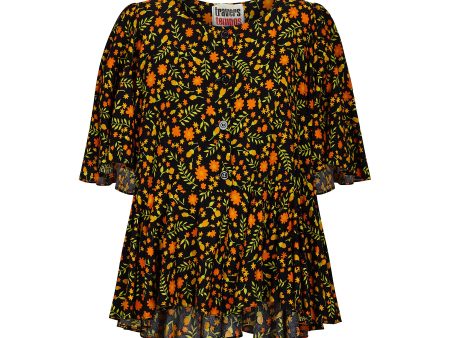 1970s Travers Tempos Flock-Cotton Floral Oversized Blouse For Discount