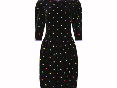 1980s Caroline Charles Silk Velvet Polka Dot Dress Online now