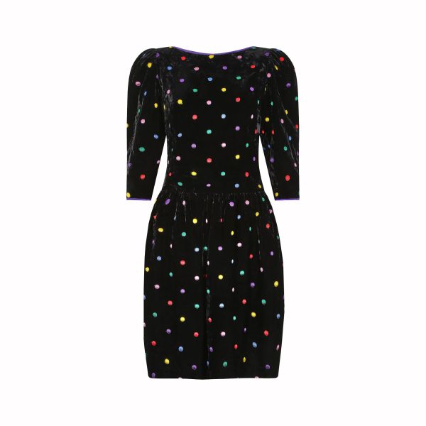 1980s Caroline Charles Silk Velvet Polka Dot Dress Online now