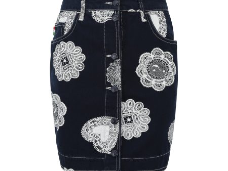 1990s Moschino Denim and Doily Novelty Print Mini Skirt Hot on Sale