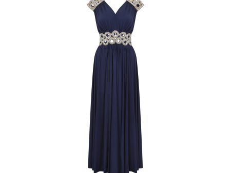 1970s French Couture Navy Jersey Embellished Grecian Dress Hot on Sale