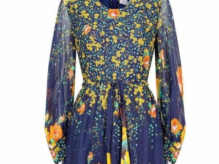 1970s French Couture Navy Rose Print Dress Online now