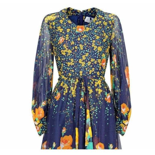 1970s French Couture Navy Rose Print Dress Online now