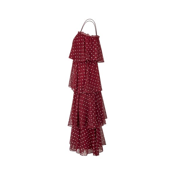 1970s Norman Berg Burgundy and White Polka Dot Tiered Dress Cheap