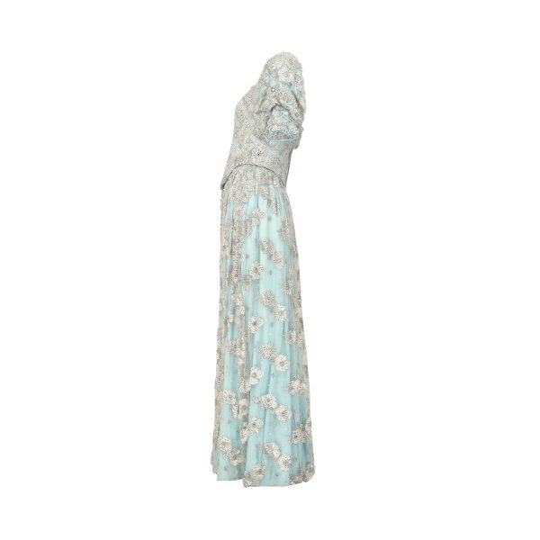 1990s Bespoke Embellished Lace and Crystal Turquoise Dress on Sale