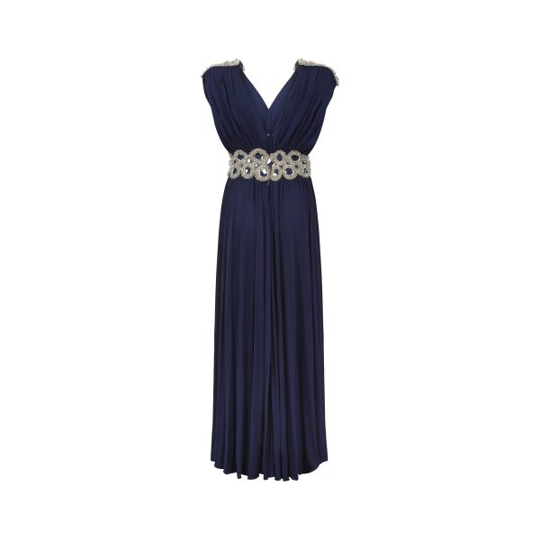 1970s French Couture Navy Jersey Embellished Grecian Dress Hot on Sale