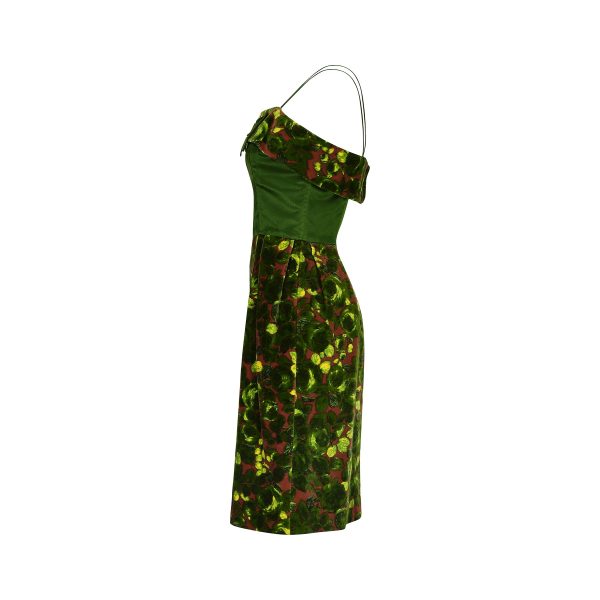 1960s Velvet and Green Satin Rose Print Dress For Cheap