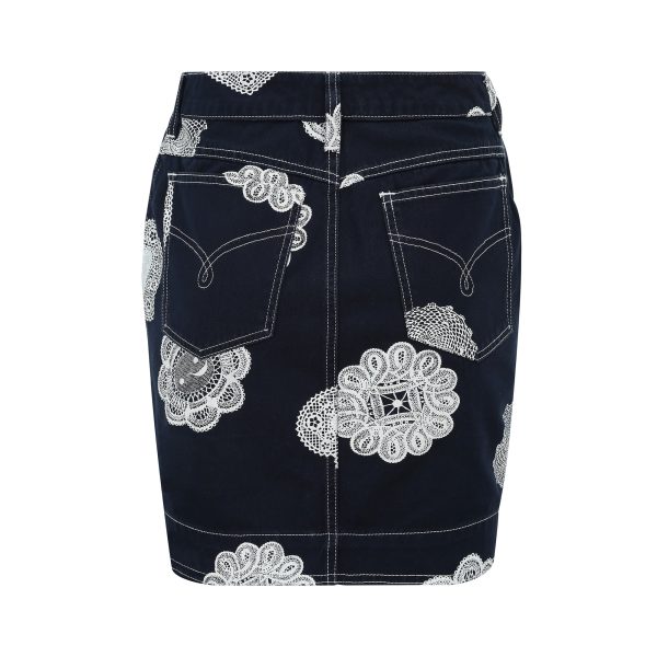 1990s Moschino Denim and Doily Novelty Print Mini Skirt Hot on Sale