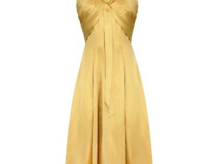 1950s Gold Pleated Bodice Silk Cocktail Dress with Bow Detail For Sale