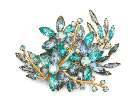 1950s Blue and Turquoise Large Floral Spray Brooch on Sale