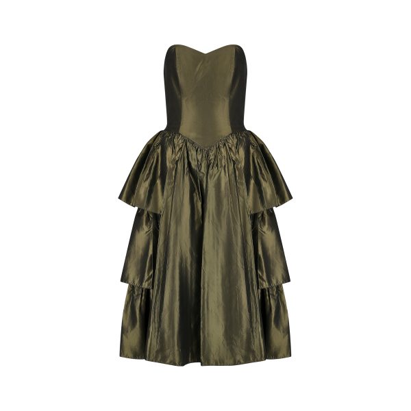 ARCHIVE - 1980s Katerina Strapless Olive Green Taffeta Dress For Discount