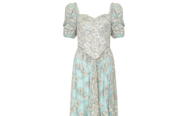 1990s Bespoke Embellished Lace and Crystal Turquoise Dress on Sale