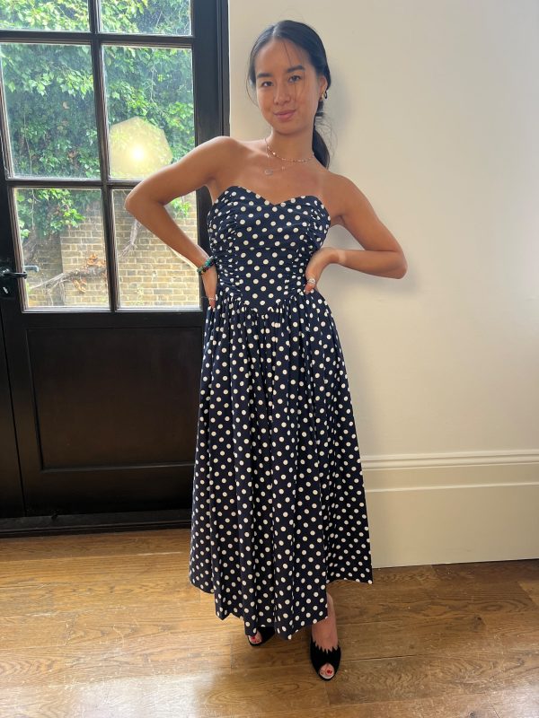 1990s Laura Ashley Navy Polka Dot Strapless Dress Online Hot Sale