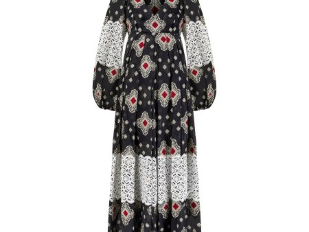 1970s Thea Porter Cotton Woven Print Maxi Dress with Lace Overlay Fashion