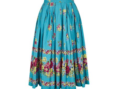 1950s Turquoise Box Pleat Floral Print Skirt Discount