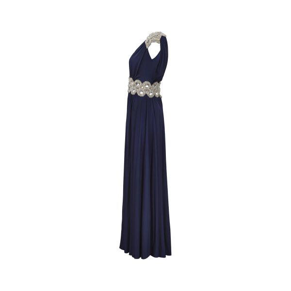 1970s French Couture Navy Jersey Embellished Grecian Dress Hot on Sale