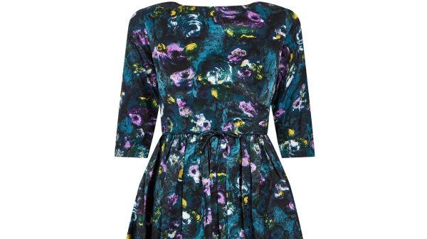 1960s Teal Blue Floral Three Quarter Sleeve Dress Sale