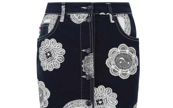 1990s Moschino Denim and Doily Novelty Print Mini Skirt Hot on Sale