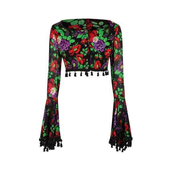 1994 Dolce and Gabbana Floral Trumpet Sleeve Crop Top For Discount